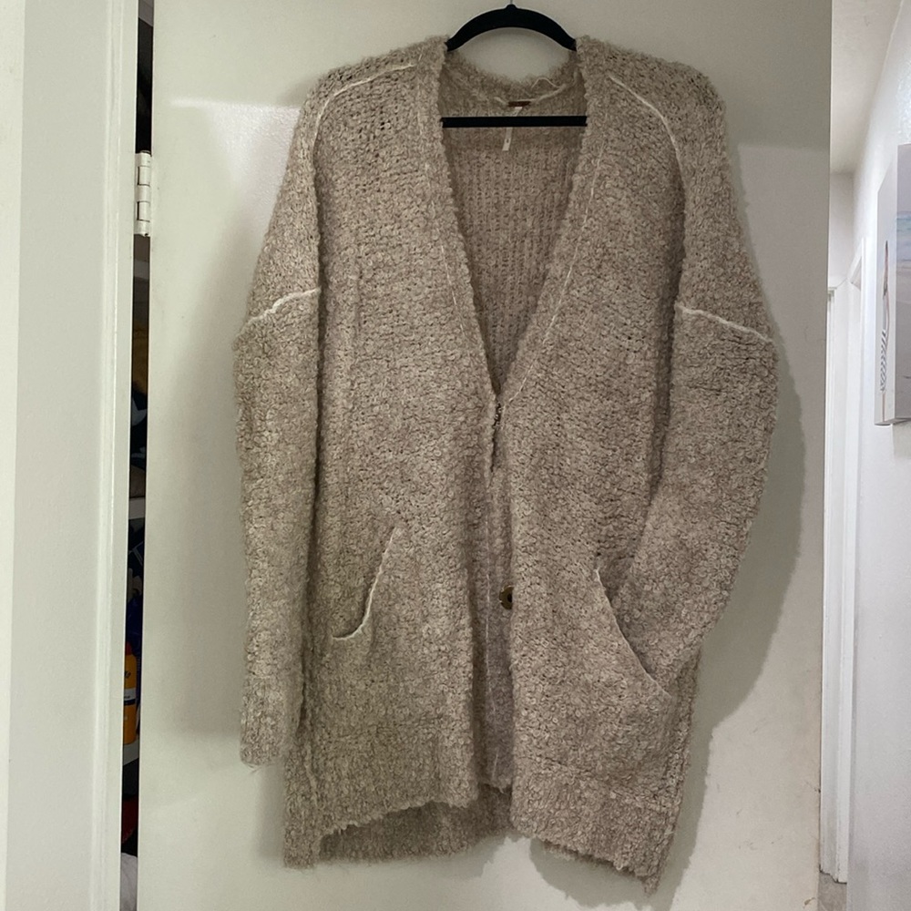 Free People Cream Boucle Cadi Oversized Open Slouchy Cardigan Size L